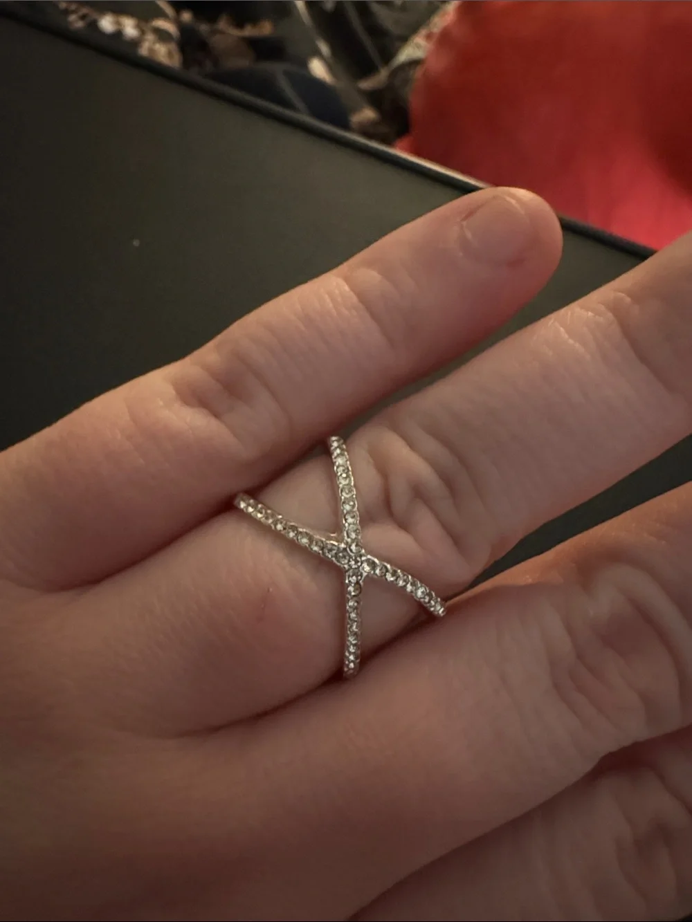 Size unknown: Old Navy Silver Crystal X Crossover Ring